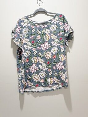 LOFT Grey Colorful Floral Short-Sleeve Ruffle Blouse Mixed Material Size Large